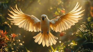 Sunlit room with bird flying among houseplants at dawn photo