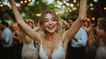 Joyful wedding celebration with smiling couple under string lights photo