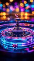 Captivating roulette wheel spins with vibrant colors and dice mid-air in an energetic casino setting photo