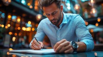 Man writing in a cozy caf with warm lighting and a relaxed atmosphere during the evening photo