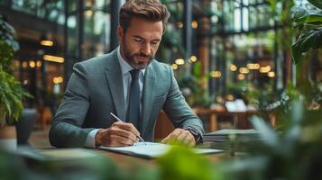 Man writing in a cozy caf with warm lighting and a relaxed atmosphere during the evening photo