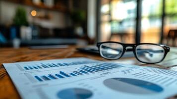 Data analysis on a wooden table with glasses and charts in a bright workspace setting photo