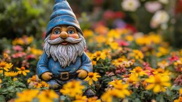 Garden gnome standing among vibrant flowers in a lush outdoor setting during daytime photo