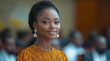 Elegant woman in traditional attire speaking during an event in a formal setting photo