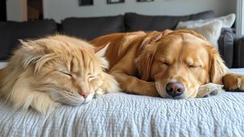Cats and dogs peacefully sleeping together on a cozy blanket photo
