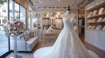 Bridal gown display in a boutique setting with intricate lace detailing photo