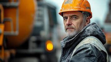 Skilled worker mixing materials at construction site during daylight photo