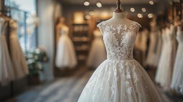 Bridal gown display in a boutique setting with intricate lace detailing photo