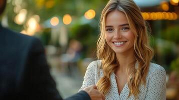 Professional handshake at sunset with a smiling businesswoman in a modern urban setting photo