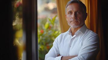 Confident man in a formal outfit standing by a window in an office setting photo