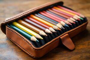 Colorful pencils arranged neatly in a brown leather case on a wooden surface photo