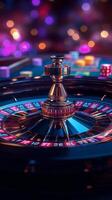 Captivating roulette wheel spins with vibrant colors and dice mid-air in an energetic casino setting photo