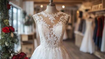 Bridal gown display in a boutique setting with intricate lace detailing photo