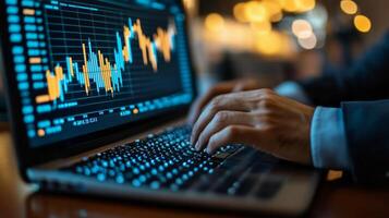 Analysis of stock market trends on a laptop during the evening hours in a cozy workspace photo