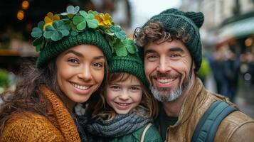 Family celebration wearing festive hats during St Patricks Day festivities in a cozy indoor setting photo