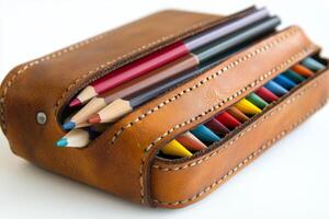 Colorful pencils arranged neatly in a brown leather case on a wooden surface photo