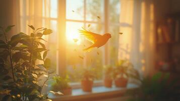 Sunlit room with bird flying among houseplants at dawn photo