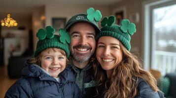 Family celebration wearing festive hats during St Patricks Day festivities in a cozy indoor setting photo