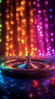 Captivating roulette wheel spins with vibrant colors and dice mid-air in an energetic casino setting photo