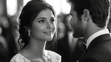Couple exchanges smiles at their wedding ceremony in an elegant venue during a joyful celebration photo
