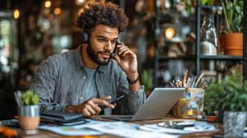Young professional engaged in business discussion at a coffee shop while reviewing financial documents photo