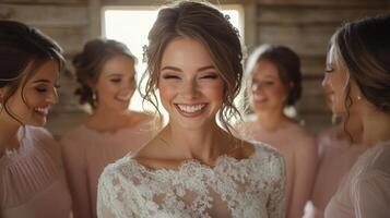 Group of women smiling together in natural light, showcasing beauty and friendship in an elegant setting photo