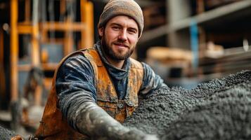 Skilled worker mixing materials at construction site during daylight photo