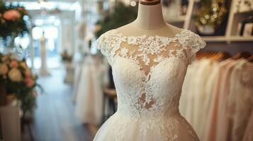 Bridal gown display in a boutique setting with intricate lace detailing photo