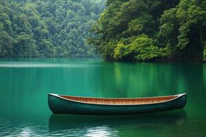 Canoe floating peacefully on a serene lake surrounded by lush forests and misty mountains photo