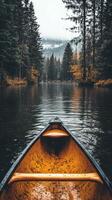 Canoeing on a peaceful lake surrounded by autumn trees under a cloudy sky photo