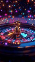 Captivating roulette wheel spins with vibrant colors and dice mid-air in an energetic casino setting photo