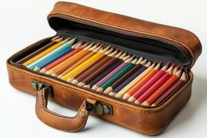 Colorful pencils arranged neatly in a brown leather case on a wooden surface photo