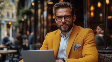 Elderly man working on laptop in a cozy cafe during winter afternoon photo