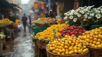 Colorful flower display at a rainy street market in the city during the afternoon hours photo