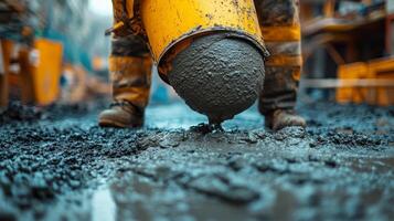 Skilled worker mixing materials at construction site during daylight photo