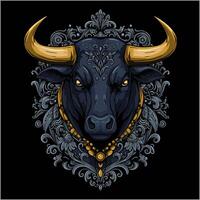 A stylized black bull head is prominently featured, embellished with gold accents and a detailed floral frame, creating a majestic and powerful image. vector