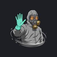 A hazmat-suited figure wearing a gas mask emerges from a swirling vortex while waving hello. vector
