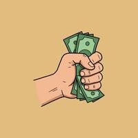 The illustration depicts a hand tightly grasping a stack of green dollar bills, symbolizing wealth and financial success. vector