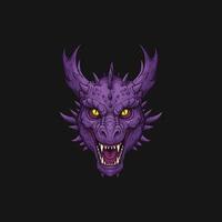 The image showcases a detailed illustration of a purple dragons head with sharp teeth and horns against a black background. vector