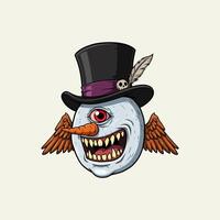 A whimsical illustration depicts a monstrous snowman with wings, a top hat, and a single red eye. vector