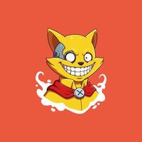 A stylized cartoon illustration depicts a cheerful robotic cat wearing a red cape and displaying a mischievous grin. vector