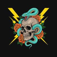 A stylized illustration depicts a skull adorned with roses and encircled by a turquoise snake against a dark background with yellow lightning bolts. vector
