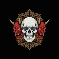 A human skull is centrally positioned flanked by two red oni masks within an ornate golden frame. vector
