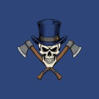 A skull wearing a top hat is depicted between two crossed axes in a vintage style graphic design. vector