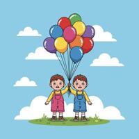 Two twin boys are holding a bunch of colorful balloons outdoors on a grassy patch under a blue sky with clouds. vector