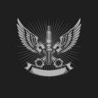 A stylized emblem featuring a spark plug, pistons, and wings, symbolizing automotive power and speed. vector