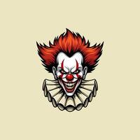 A menacing illustration of an evil clown's head featuring fiery red hair, a sharp grin, and a ruffled collar. vector