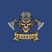 A fierce skull wearing a helmet is depicted with crossed axes below a banner reading warrior. vector