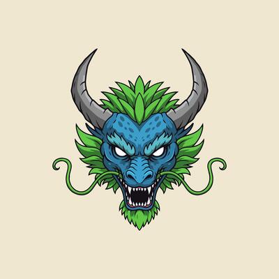 A stylized illustration of a blue dragon head with a green mane and horns, showcasing a fierce and powerful expression.
