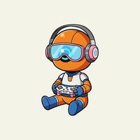A cute orange robot wearing headphones and goggles sits and plays a game with a controller. vector